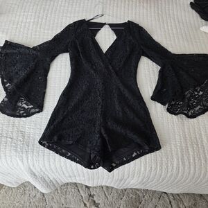 Lulu's Black Lace Romper with Bell Sleeves
